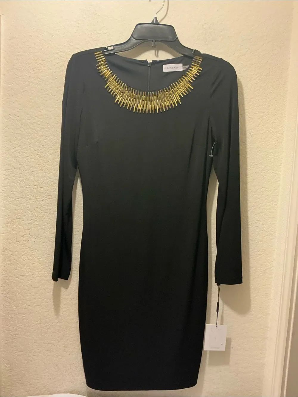 NWT Calvin Klein Black Long-Sleeve Dress with Gold Neck Embellishment size 6P
